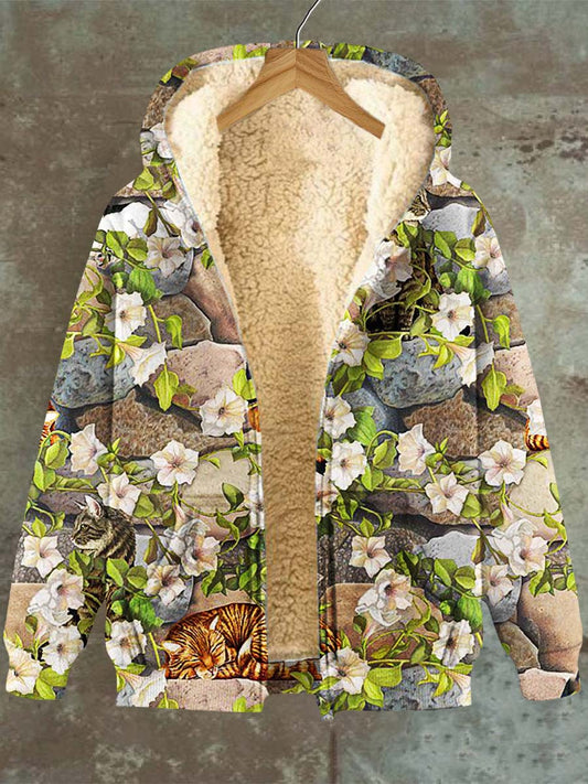 Women's Floral Cat Pattern Casual Hooded Pocket Zip Fleece Sweatshirt Jacket