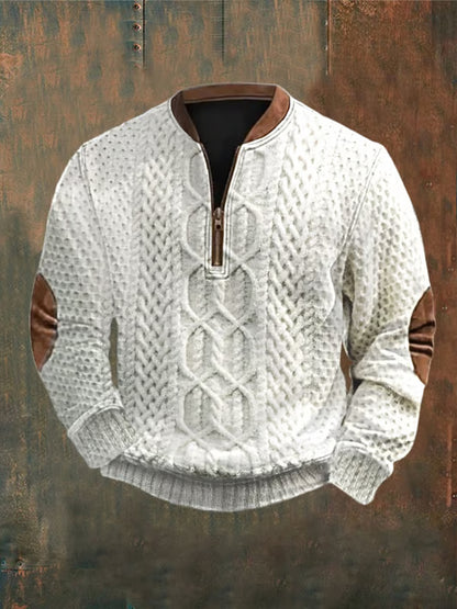 Men's Vintage Art Print Design V-Neck Zipper Long Sleeve Sweater Sweatshirt