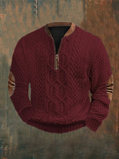 Men's Vintage Art Print Design V-Neck Zipper Long Sleeve Sweater Sweatshirt