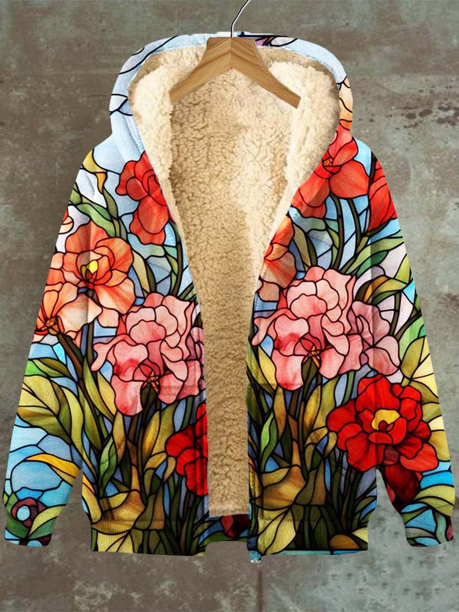 Women's Retro Floral Glass Pattern Casual Hooded Pocket Zip Fleece Sweatshirt Jacket