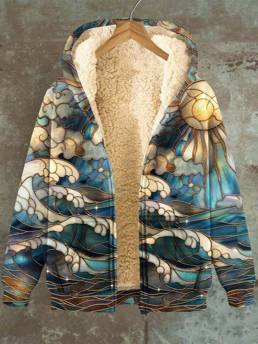 Women's Retro Sun Wave Glass Pattern Casual Hooded Pocket Zip Fleece Sweatshirt Jacket