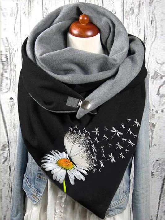 Women's Daisy Butterfly Dragonfly Print Casual Warm Scarf