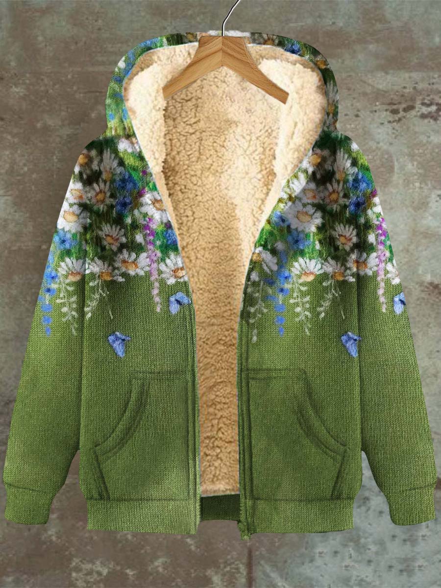 Women's Floral Ombre Pattern Casual Hooded Pocket Zip Fleece Sweatshirt Jacket