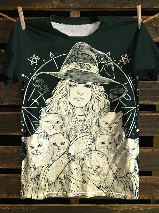 Unisex Witch Cat Pentacle Tarot Card Pattern Casual Round Neck Short Sleeve T-Shirt