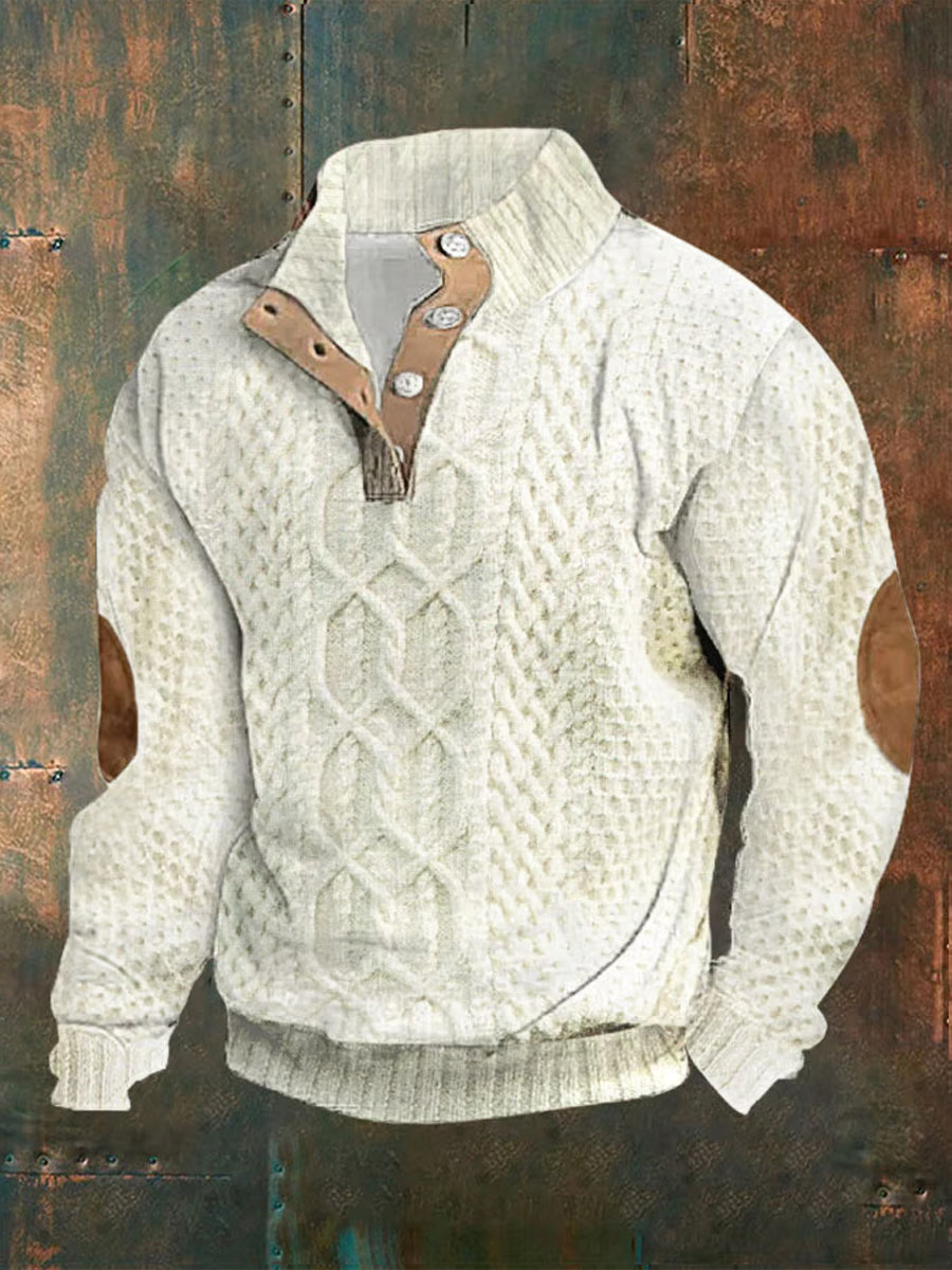 Men's Vintage Art Print Design V-Neck Button Long Sleeve Sweater Sweatshirt