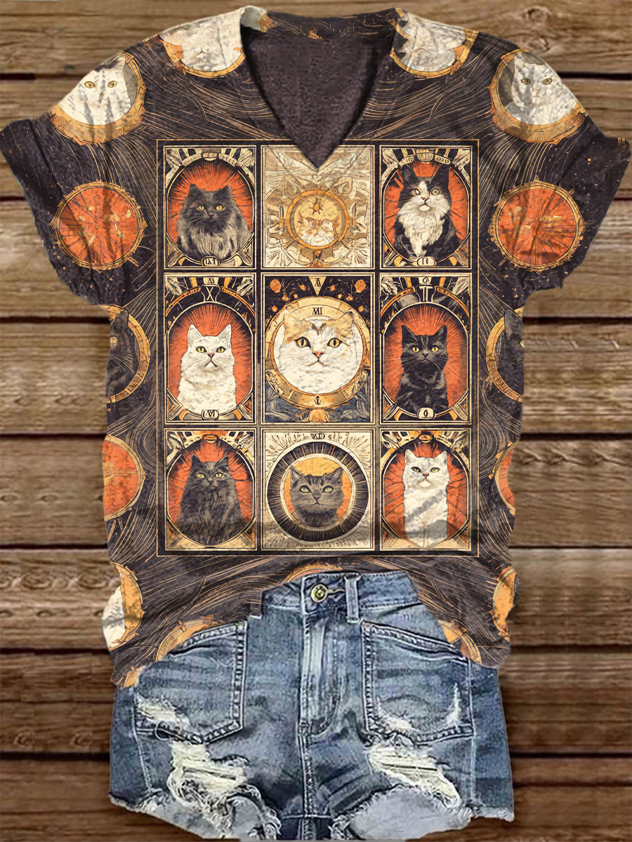 Unisex Cat Tarot Card Pattern Casual V-Neck Short T-Shirt