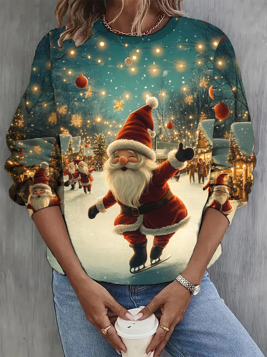 Women's Fashion Elegant Christmas Art Print Round Neck Long Sleeve Sweatshirt