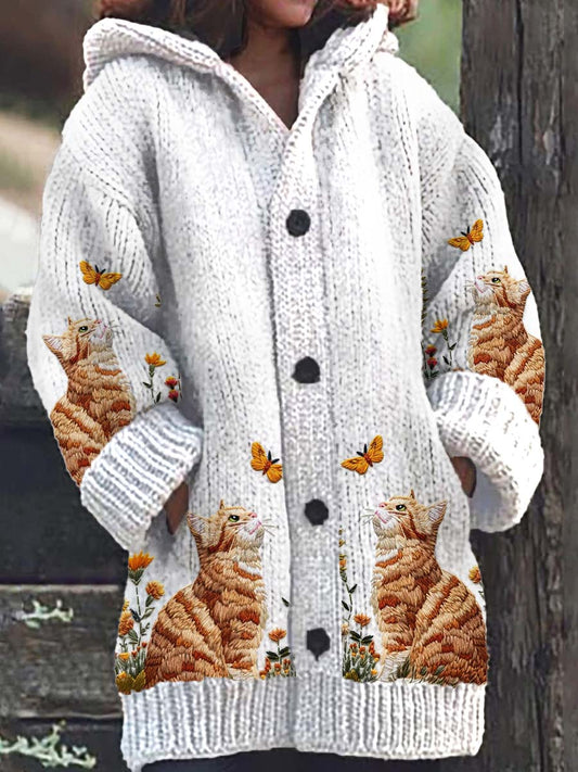 Women's Cat Floral Pattern Casual Warm Knitted Hooded Cardigan