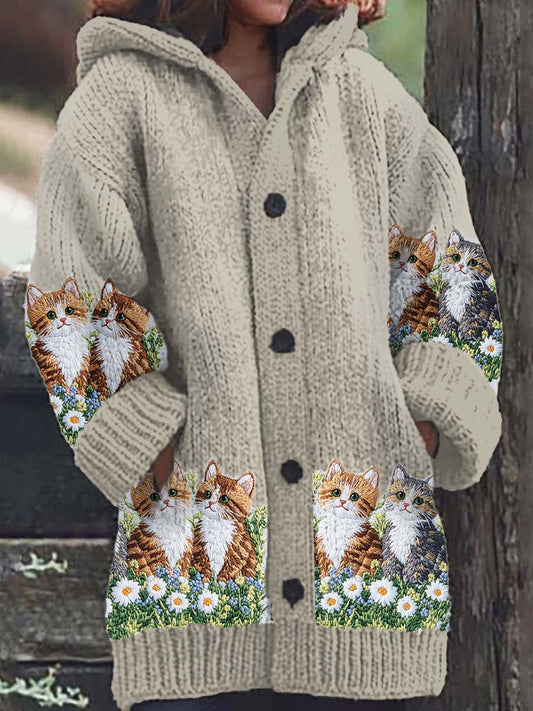 Women's Cat Floral Pattern Casual Warm Knitted Hooded Cardigan