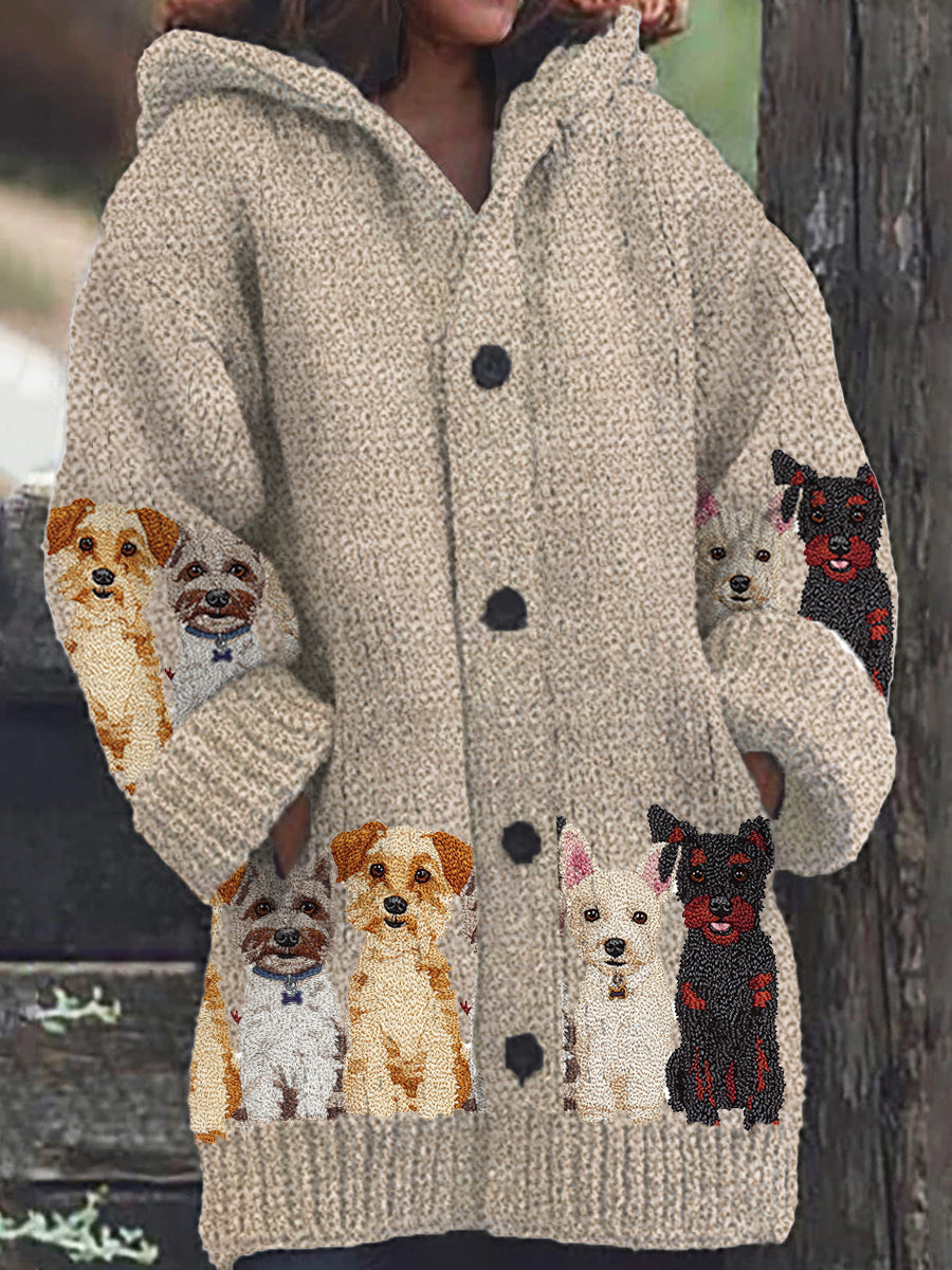 Women's Dog Pattern Casual Warm Knitted Hooded Cardigan