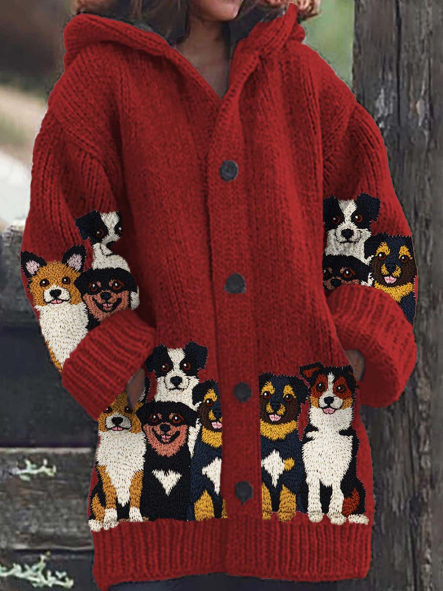 Women's Dog Pattern Casual Warm Knitted Hooded Cardigan