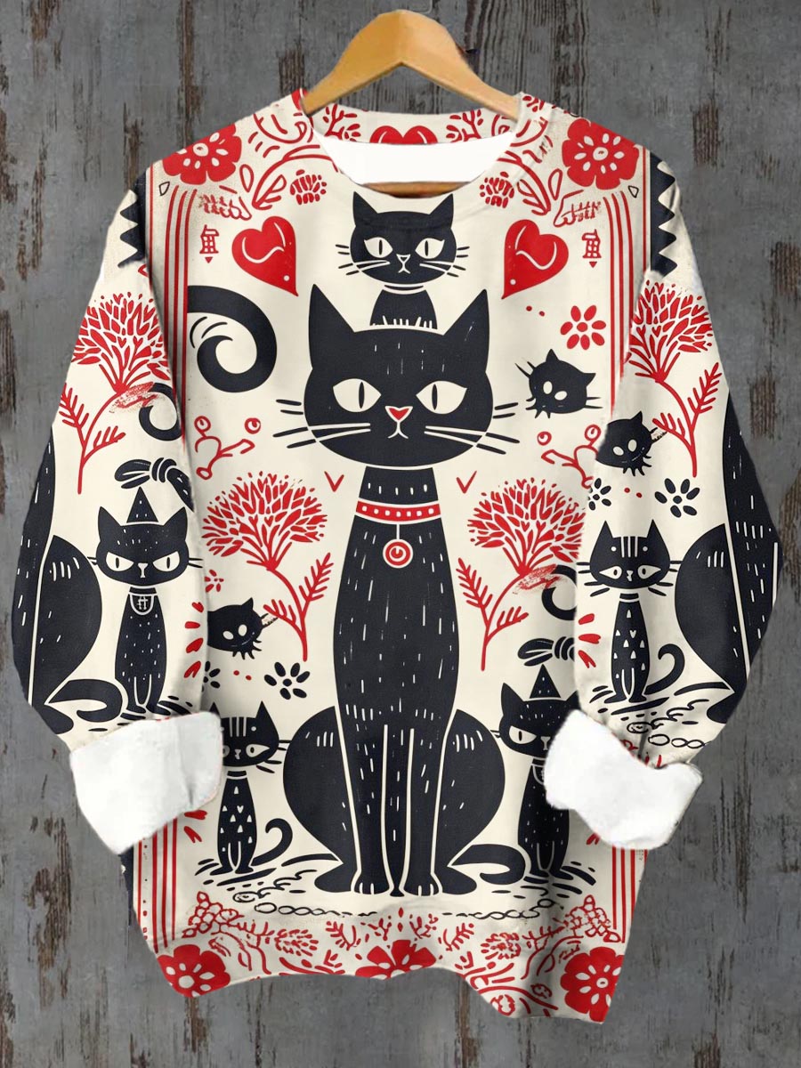 Unisex Geometric Cat Pattern Casual Crew Neck Long Sleeve Sweatshirt