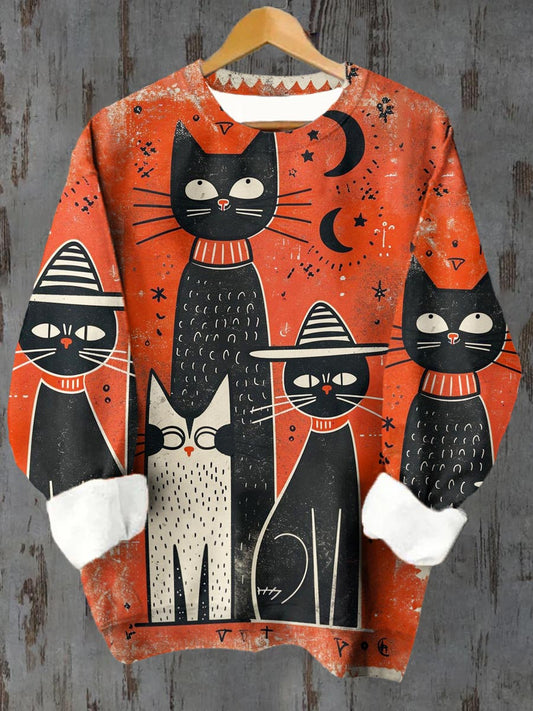 Unisex Geometric Cat Pattern Casual Crew Neck Long Sleeve Sweatshirt