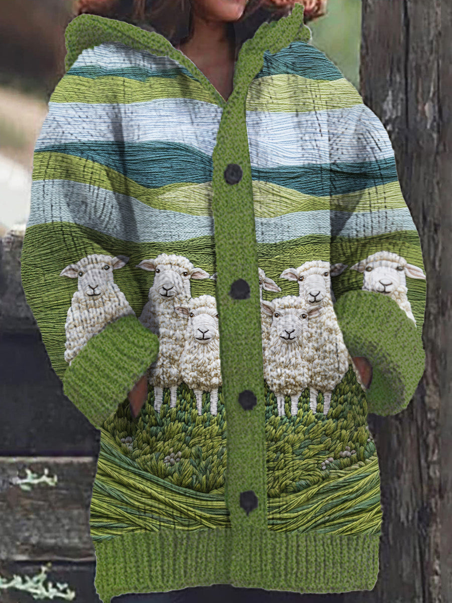 Women's Farm Sheep Pattern Casual Warm Knitted Hooded Cardigan