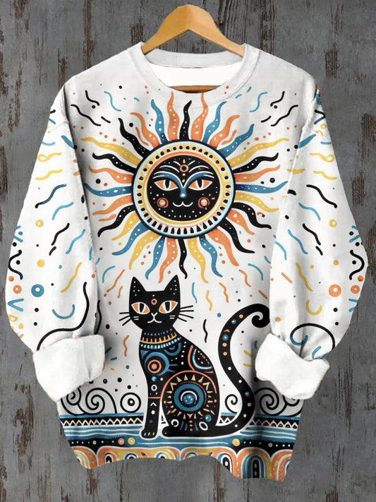 Unisex Cat Sun Pattern Casual Crew Neck Long Sleeve Sweatshirt