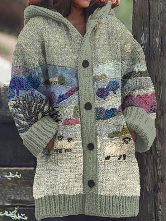 Women's Farm Sheep Pattern Casual Warm Knitted Hooded Cardigan