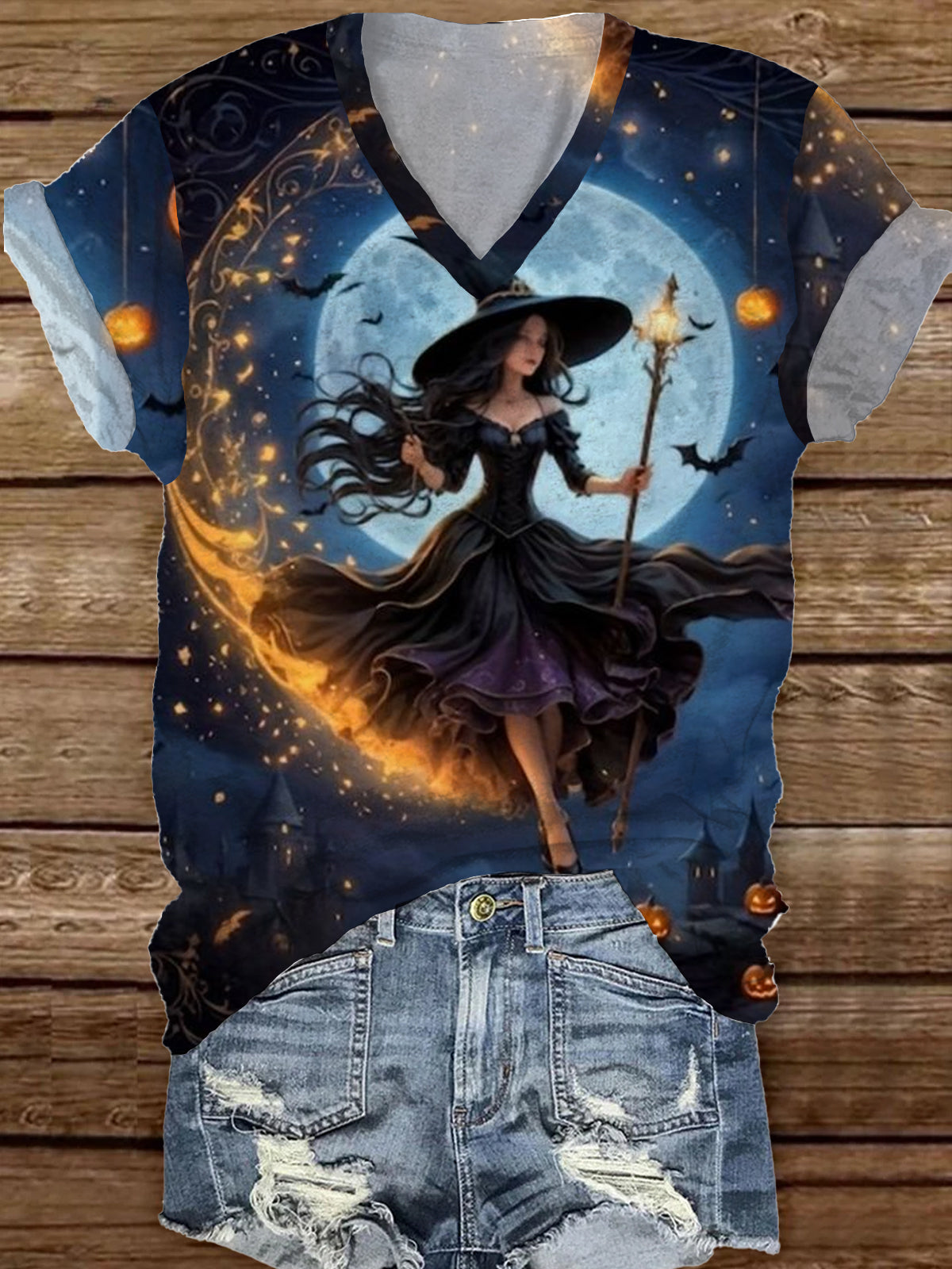 Women's Fashion Elegant Witch Art Print V-Neck Short Sleeve T-Shirt Top