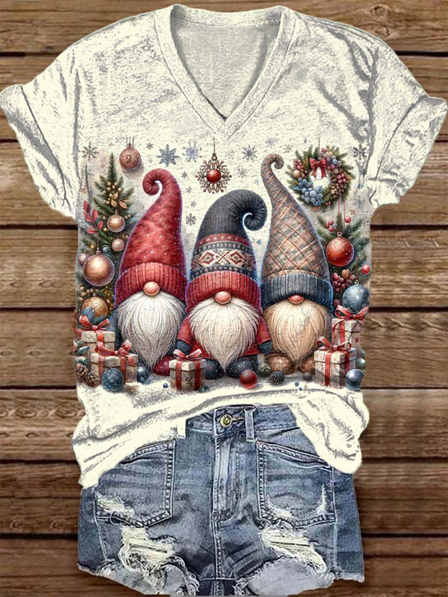 Unisex Christmas Gnome Pattern Casual V-Neck Short Sleeve T-Shirt