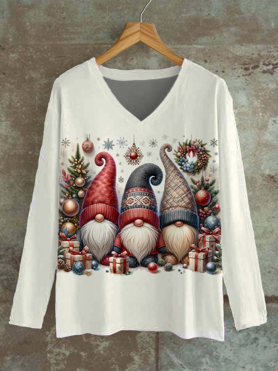 Unisex Christmas Gnome Pattern Casual V-Neck Long Sleeve T-shirt