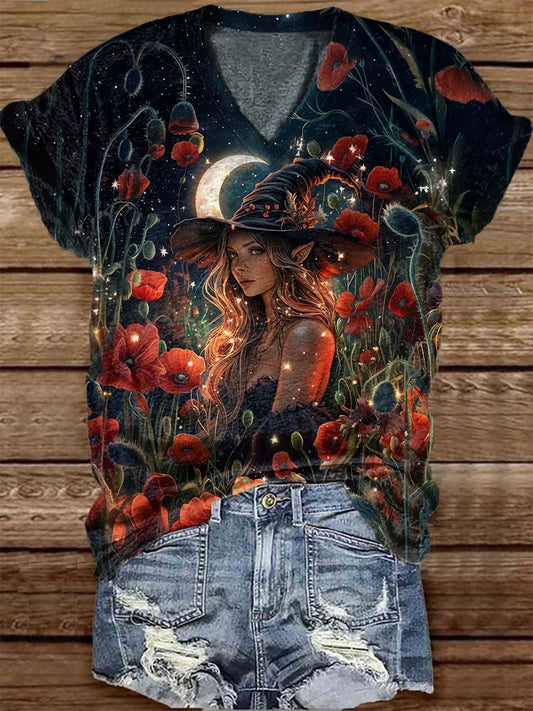 Unisex Witch Floral Pattern Casual V-Neck Short Sleeve T-Shirt