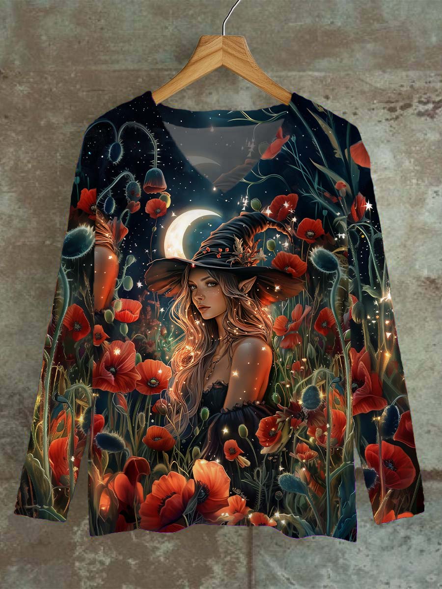 Unisex Witch Floral Pattern Casual V-Neck Long Sleeve T-Shirt