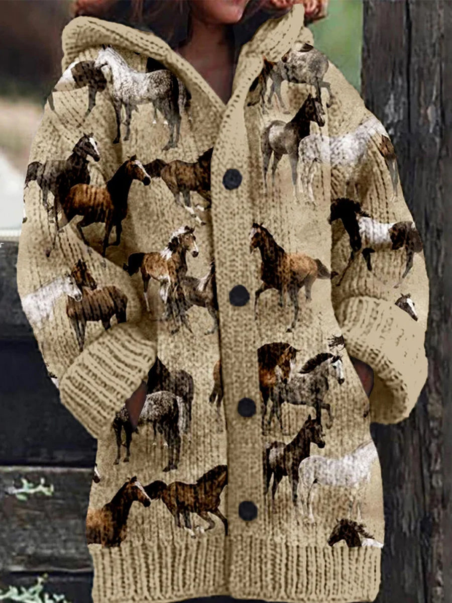 Women's Retro Horse Art Print Button Thick Long Sleeve Hooded Cardigan