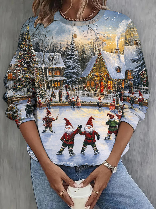 Women's Fashion Elegant Christmas Art Print Round Neck Long Sleeve Sweatshirt