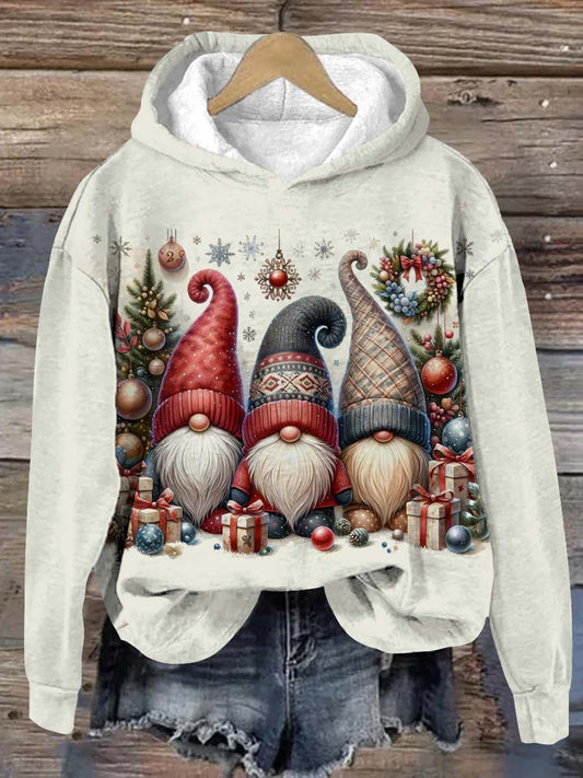 Unisex Christmas Gnome Pattern Casual Hooded Long Sleeve Sweatshirt