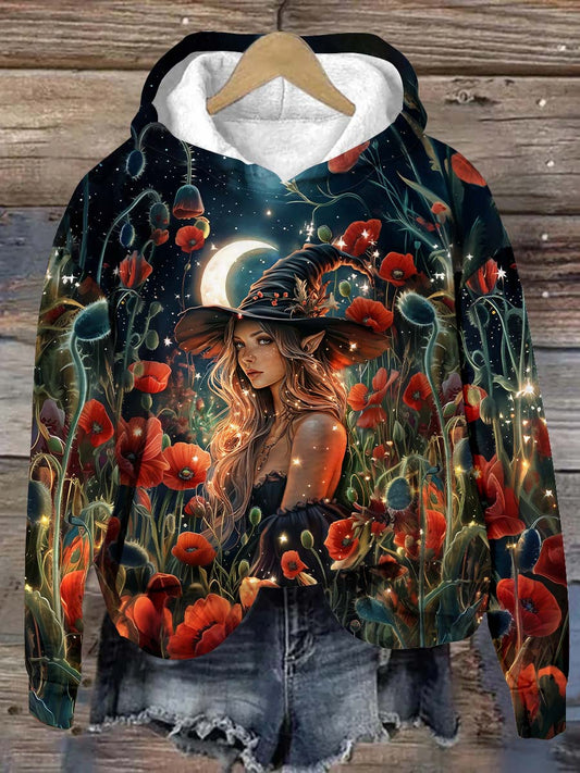 Unisex Witch Floral Casual Long Sleeve Hooded Sweatshirt