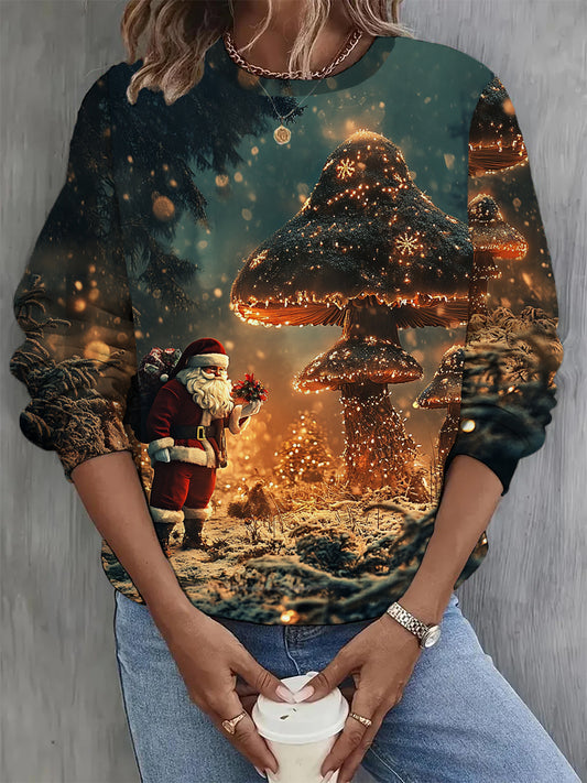 Women's Fashion Elegant Christmas Art Print Round Neck Long Sleeve Sweatshirt