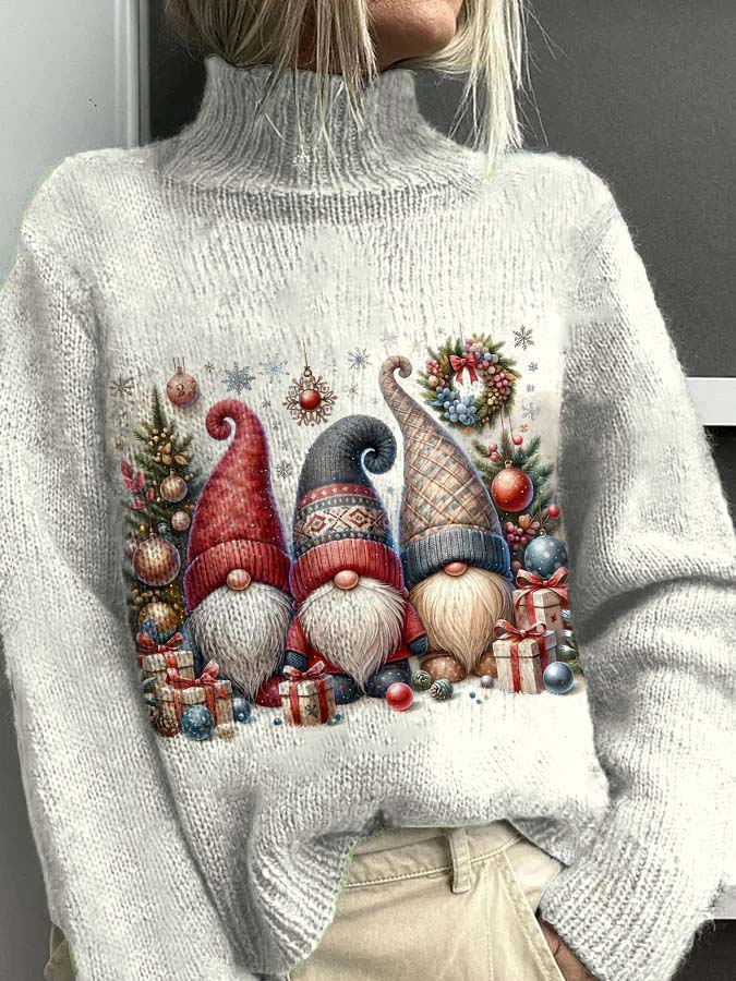 Women's Christmas Gnome Pattern Casual Warm Turtleneck Sweater