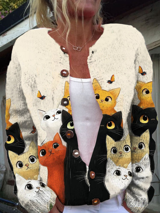 Women's Fashion Elegant Cat Art Print Button Long Sleeve Sweater Cardigan