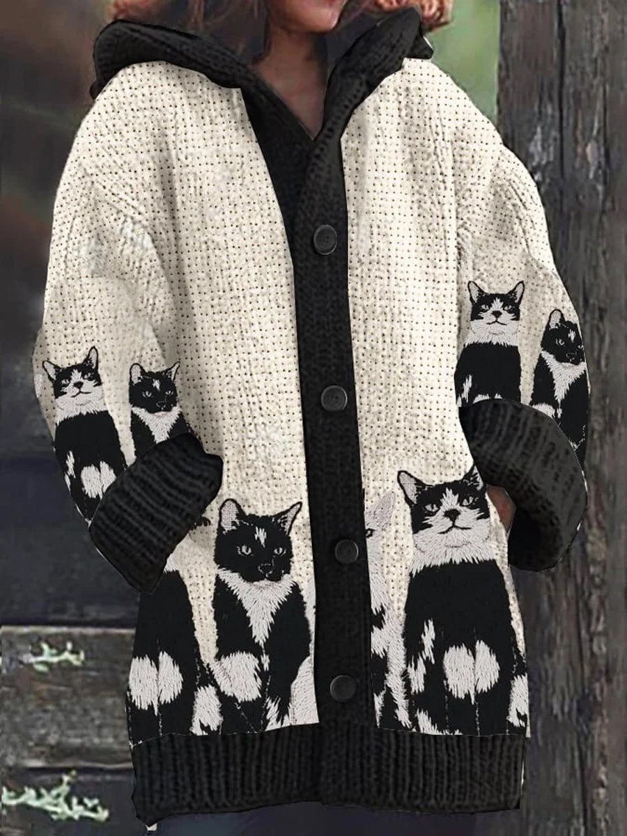 Women's Retro Cat Embroidered Art Print Button Thick Long Sleeve Hooded Cardigan