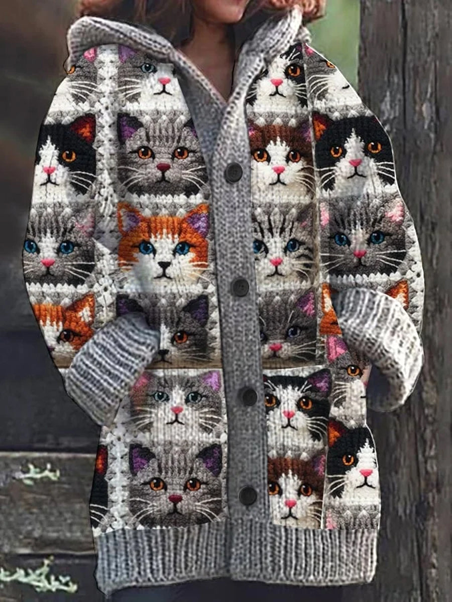 Women's Retro Cat Embroidered Art Print Button Thick Long Sleeve Hooded Cardigan