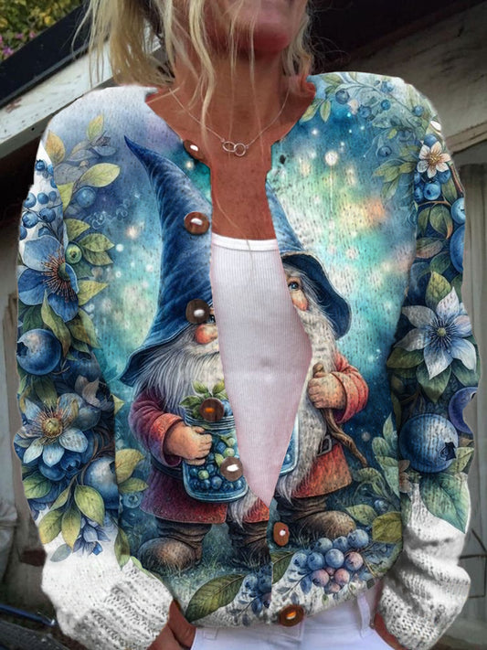 Women's Fashion Elegant Art Print Button Long Sleeve Sweater Cardigan