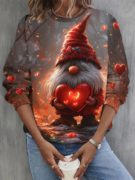 Women's Fashion Elegant Valentine's Day Gnome Art Print Round Neck Long Sleeve Sweatshirt