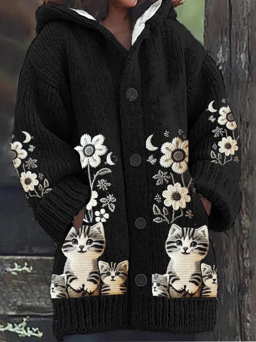 Women's Retro Cat Embroidered Art Print Button Thick Long Sleeve Hooded Cardigan