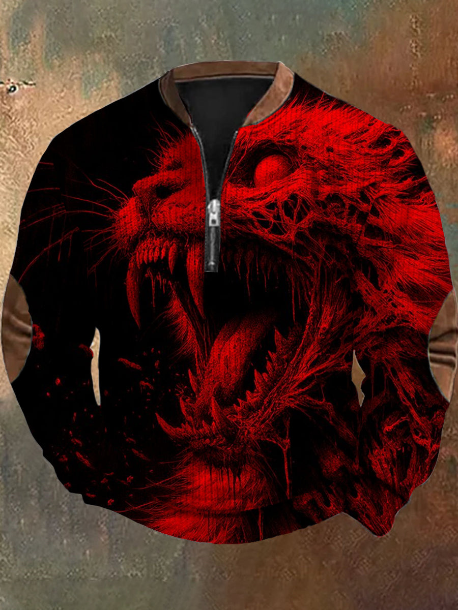 Men's Retro Dark Animal Art Print Design V-Neck Zipper Long Sleeve Sweater Sweatshirt