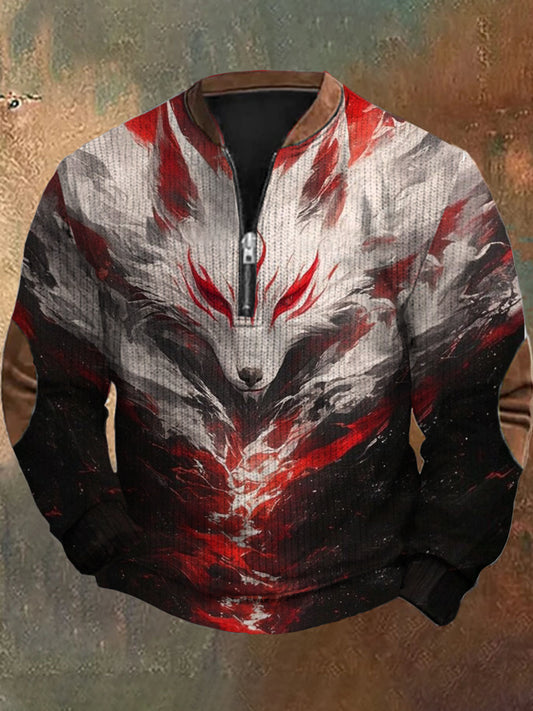 Men's Retro Dark Animal Art Print Design V-Neck Zipper Long Sleeve Sweater Sweatshirt