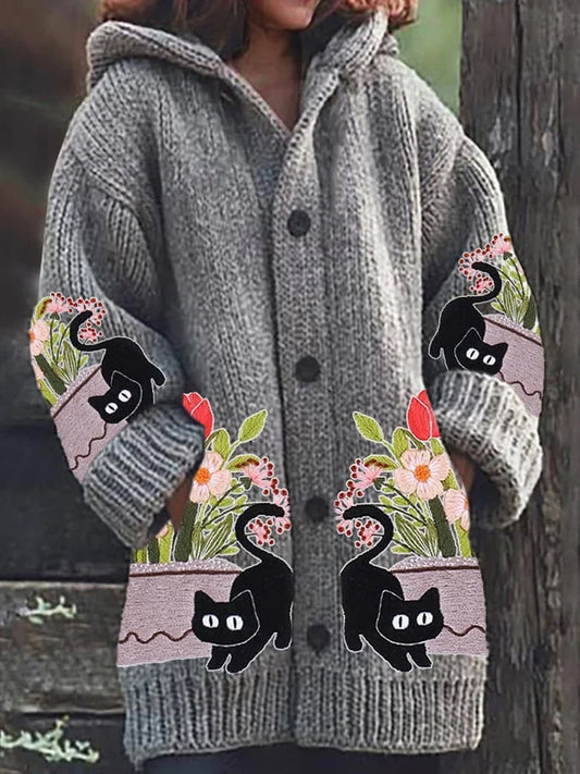 Women's Retro Cat Embroidered Art Print Button Thick Long Sleeve Hooded Cardigan