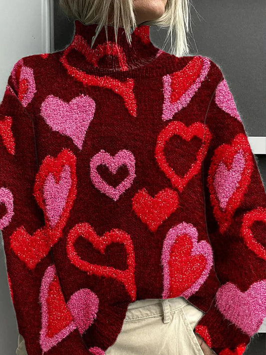 Women's Fashion Retro Valentine's Day Love Art Print Turtleneck Long Sleeve Sweater