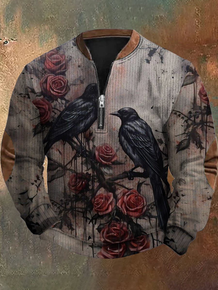 Men's Retro Dark Animal Art Print Design V-Neck Zipper Long Sleeve Sweater Sweatshirt