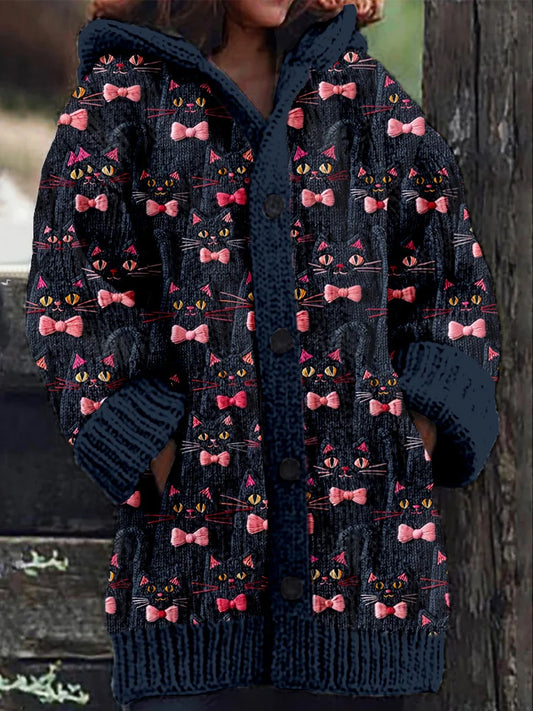 Women's Retro Cat Embroidered Art Print Button Thick Long Sleeve Hooded Cardigan