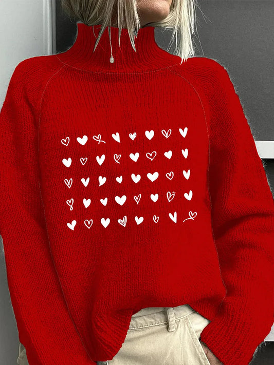 Women's Fashion Retro Valentine's Day Love Art Print Turtleneck Long Sleeve Sweater