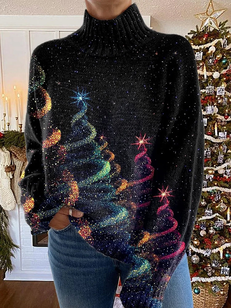 Women's Fashion Retro Christmas Tree Art Print Turtleneck Long Sleeve Sweater