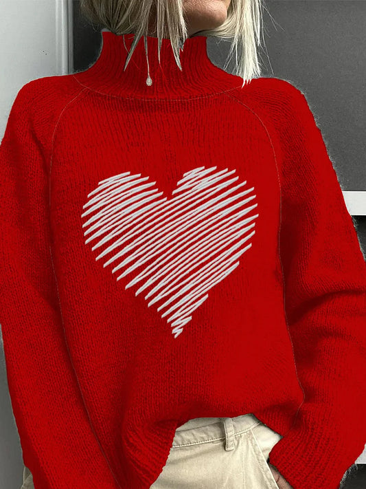 Women's Fashion Retro Valentine's Day Love Art Print Turtleneck Long Sleeve Sweater