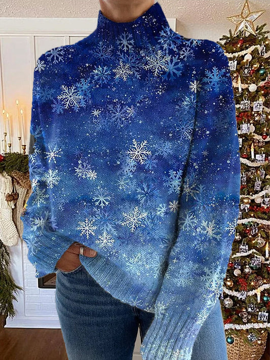 Women's Fashion Retro Snowflake Art Print Turtleneck Long Sleeve Sweater