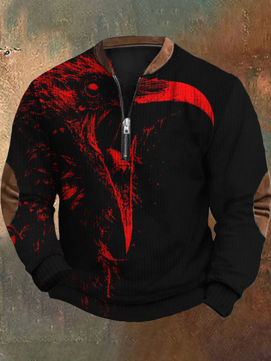 Men's Retro Dark Animal Art Print Design V-Neck Zipper Long Sleeve Sweater Sweatshirt