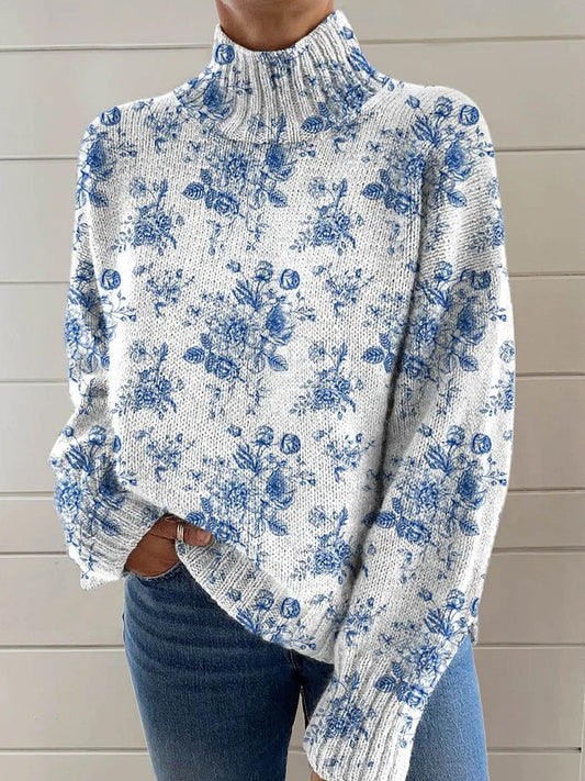 Women's Fashion Retro Floral Art Print Turtleneck Long Sleeve Sweater