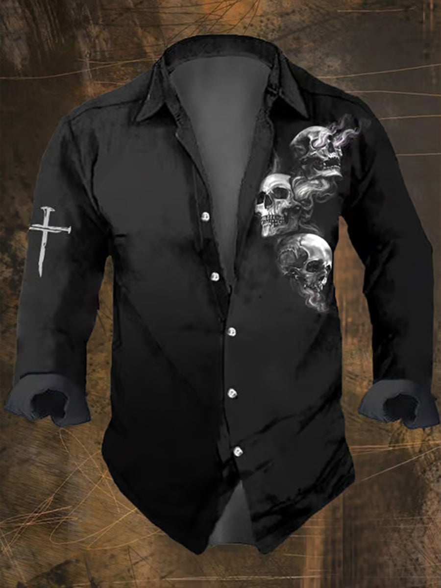 Men's Punk Art Print V-Neck Long Sleeve Button Shirt Top